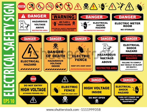 SET OF ELECTRICAL SAFETY SIGN -\
(high voltage, electric fence, do not touch, keep away, hazardous,\
restricted area, keep out, live wires, do not enter, shock\
burn)