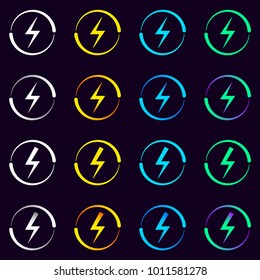 Set of Electrical Signs. Vector Illustration of Electric Energy Symbol in Different Colors and Gradients. Current Circulation.