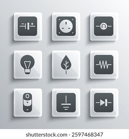 Set Electrical symbol ground, Diode in electronic circuit, Resistor, Leaf Eco, Battery charge, Creative lamp light idea, DC voltage source and Ohmmeter icon. Vector