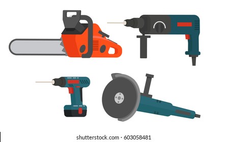 Set of electrical tools for repair and construction. Chainsaw, screw gun, electric grinding machine, drill