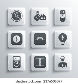 Set Electrical transformer, Electrician, Creative lamp light idea, Inductor in electronic circuit, Ampere meter, multimeter, Lightning bolt, No lightning and Battery charge icon. Vector