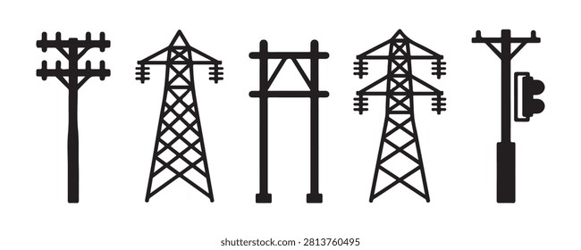 Set of electrical transmission infrastructure icons showing high voltage towers and telephone poles now.
