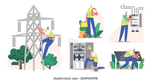 Set Electrical Utility Delivery Of Energy To Consumer. Electrician Worker Install Solar Panels, Electricity Transmission And Distribution. Character Measure Voltage. Cartoon People Vector Illustration