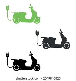 Set of electrical vehicle icons in green, black, gray colors. E-scooter pictogram. Isolated. Vector illustration.