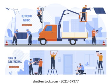 Set of electrical work landing page online advertising vector flat illustration. Internet promo template of outdoor and domestic electric service. User interface for contact call team of electricians