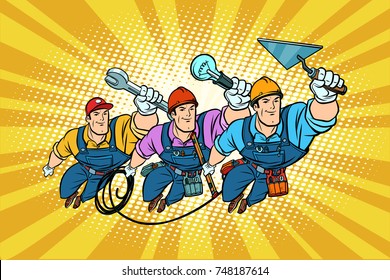 Set electrician Builder and repairer professionals. Comic book cartoon pop art retro vector illustration drawing