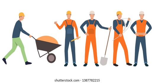 Set of electrician, builders and handymen holding tools and working. Group of men wearing uniform. Vector illustration for building work presentation slide, construction business design