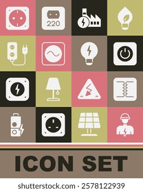 Set Electrician, Electrical transformer, Power button, Nuclear power plant, AC voltage source, extension, outlet and Creative lamp light idea icon. Vector