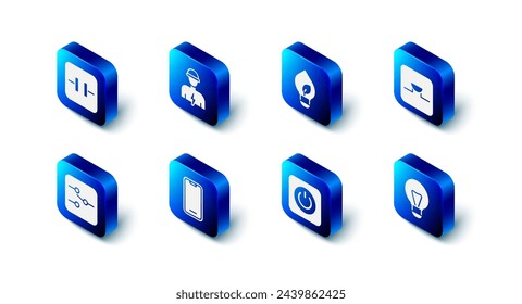 Set Electrician, Light bulb with leaf, Buzzer in electronic circuit, Creative lamp light idea, Power button, Mobile phone, Switch and Electrolytic capacitor icon. Vector