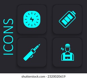 Set Electrician, Lightning bolt, Battery charge and Soldering iron icon. Black square button. Vector