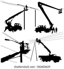 Set electrician, making repairs at a power pole. Vector illustration.