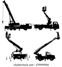 Set electrician, making repairs at a power pole. Vector illustration.