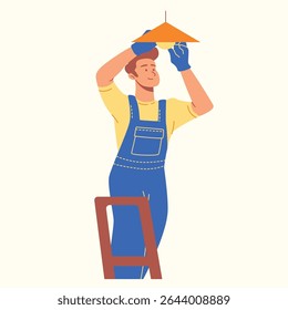 conjunto de um homem eletricista mudando lâmpada ilustração de desenhos animados