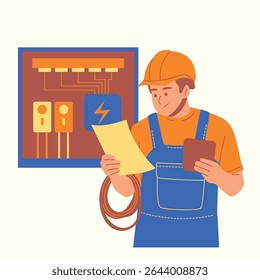 set of an Electrician Man Inspecting Electrical Wire Cartoon Illustration