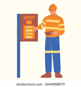 Set eines Elektrikers, der eine elektrische Box untersucht Cartoon Illustration