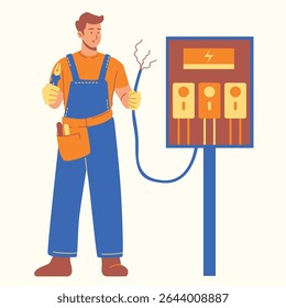set of an Electrician Man Repairing Electrical Box Cartoon Illustration