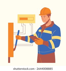 set of an Electrician Man Turn On Wiring Cartoon Illustration