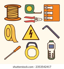 Set of Electrician Tools Cute Flat Line Illustration