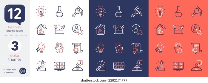 Conjunto de iconos de la línea de inicio de la lámpara de electricidad, Idea y Work. Incluir iconos de concepto Certificado, Usuario, Creatividad. Pincel, innovación, elementos web de videoconferencia. Entrevista, laboratorio de química. Vector