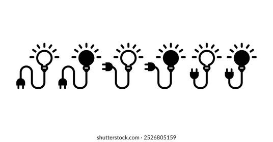 set of electricity cable connection with lightbulb icon symbol vector design black white color simple flat illustration isolated