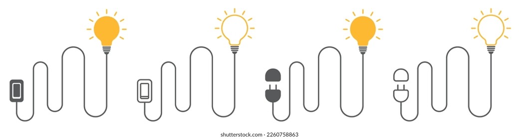 Set of electricity connection icons. Idea, concept with lightbulb, wire, switch, power outlet. Plug, socket and light bulb. Power, energy symbols.