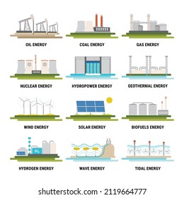 Set of electricity generation source type icons. Nonrenewable energy sources like oil, gas, coal, nuclear. Renewable energy sources like hydropower, solar, wind and geothermal. Flat vector