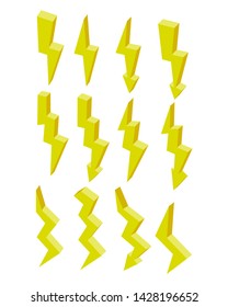 Set of electricity isometric flat yellow Lightning icon. 3d vector colorful illustration. Pictogram isolated on white background on a white background.