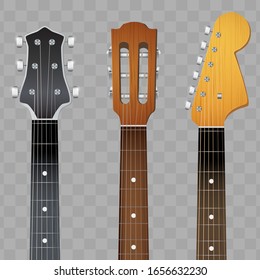 Set of Electro and Acoustic Guitars neck fretboard and headstock. Vector Illustration isolated on transparent background.