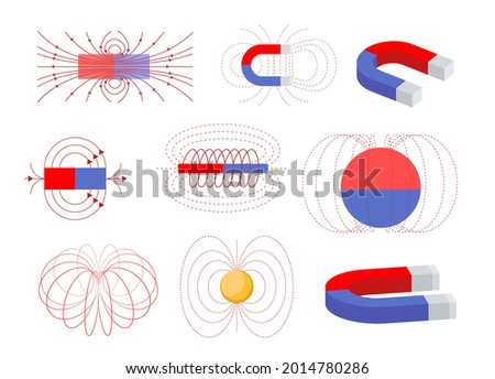 Set of Electromagnetic Field and Magnetic Force. Polar Magnet Schemes. Educational Magnetism Physics Presentation. Horseshoe and Bar Magnet, Physics Science Aid. Cartoon Vector Illustration