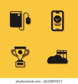 Set Electronic book with mouse, Cloud or online library, Award cup and Online quiz, test, survey icon with long shadow. Vector