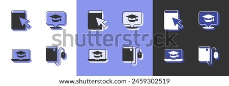 Set Electronic book with mouse, Online, Graduation cap laptop and speech bubble icon. Vector