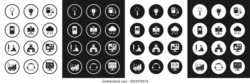 Set Electronic book with mouse, Video chat conference, Mobile phone, Magnifying glass, Network cloud connection, Light bulb concept of idea, Online education and Student working laptop icon. Vector