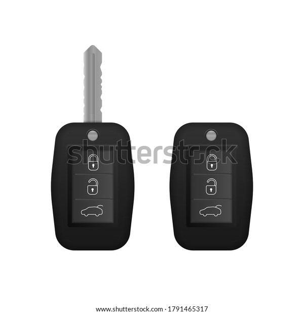 Set of\
electronic car key front and back view and alarm system. Realistic\
car keys black color isolated on white background. 3d realistic\
mockup. Vector illustration, eps 10.\

