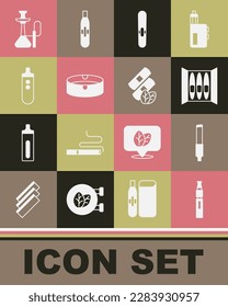 Set Electronic cigarette, Cigarette, Ashtray, Hookah and Medical nicotine patches icon. Vector