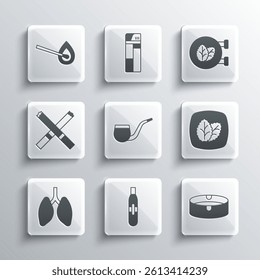 Set Electronic cigarette, Ashtray, Tobacco leaf, No pipe smoking, Lungs, Cigarette, Burning match with fire and shop icon. Vector