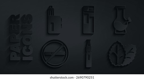 Definir cigarro eletrônico, Bong, Não fumar, Folha de cigarro, isqueiro e Vape mod ícone do dispositivo. Vetor