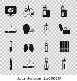Set Electronic cigarette, Cigarette, Lighter, Vape mod device, Man smoking, Tobacco leaf and  icon. Vector