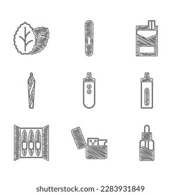 Set Electronic cigarette, Lighter, Vape liquid bottle, Cigar, Marijuana joint, spliff, Cigarettes pack box and Tobacco leaf icon. Vector