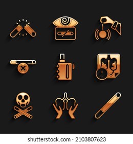 Set elektronische Zigarette, Lungen, Zigarette, Lungen, Krankheiten, Knochen und Schädel, Rauchen verboten, Hypnose und Broken Symbol. Vektorgrafik