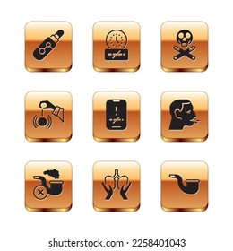 Set Electronic cigarette, Smoking pipe with smoke, Lungs, No smoking, Hypnosis, Bones and skull,  and time icon. Vector