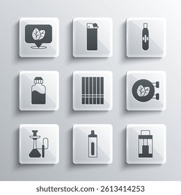 Set Electronic cigarette, Vape mod device, Tobacco leaf shop, Cigarette, Hookah, liquid bottle,  and  icon. Vector