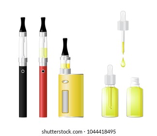 Set of electronic cigarette vaporizers with liquid.Vaping devices and liquids.Vector