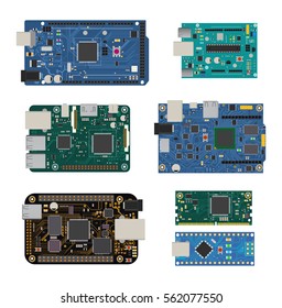 Set of electronic circuit boards with a microcontroller, LEDs, connectors, and other electronic components, to form the basic of smart home, robotic, and many other projects related to electronics. 