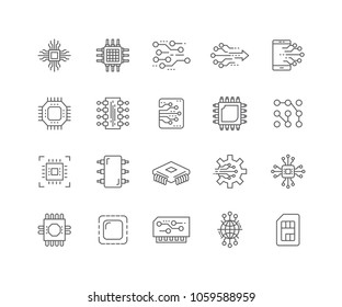 Set of Electronic circuit outline icons isolated on white background.