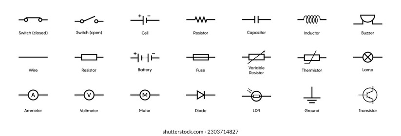 Set of electronic circuit symbols. Schematic circuit diagrams. Vector 10 eps.