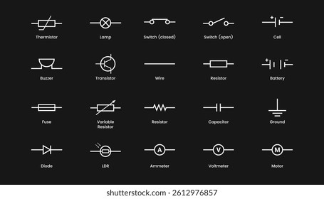Set of electronic circuit symbols. Schematic circuit icons