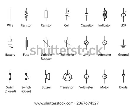 Set of electronic circuit symbols. Schematic circuit diagrams vector illustration
