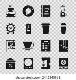 Set Electronic coffee scales, Chocolate bar, Milkshake, Coffee book, French press, Medal for, cup and and to go icon. Vector