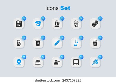 Set Electronic coffee scales, Coffee cup to go, Pour over maker, Location with, Spatula grain, Iced, Bag beans and Sugar stick packets icon. Vector