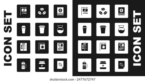 Set Electronic coffee scales, Coffee cup to go, Milkshake, Street signboard, Pour over maker, beans, Newspaper and and menu icon. Vector